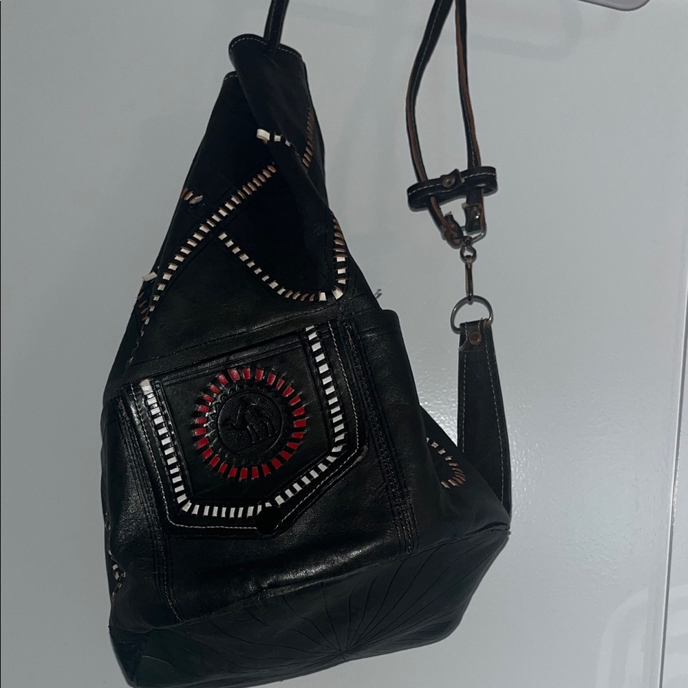 Black Leather Sling Bag with Red Accents